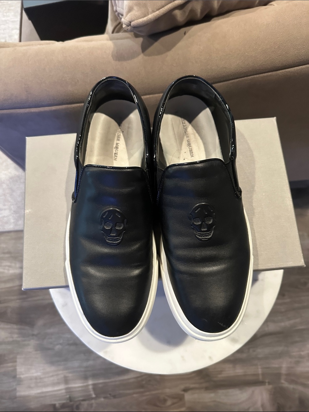 Alexander McQueen Black Leather Slip-On Sneakers with Embossed Skull
